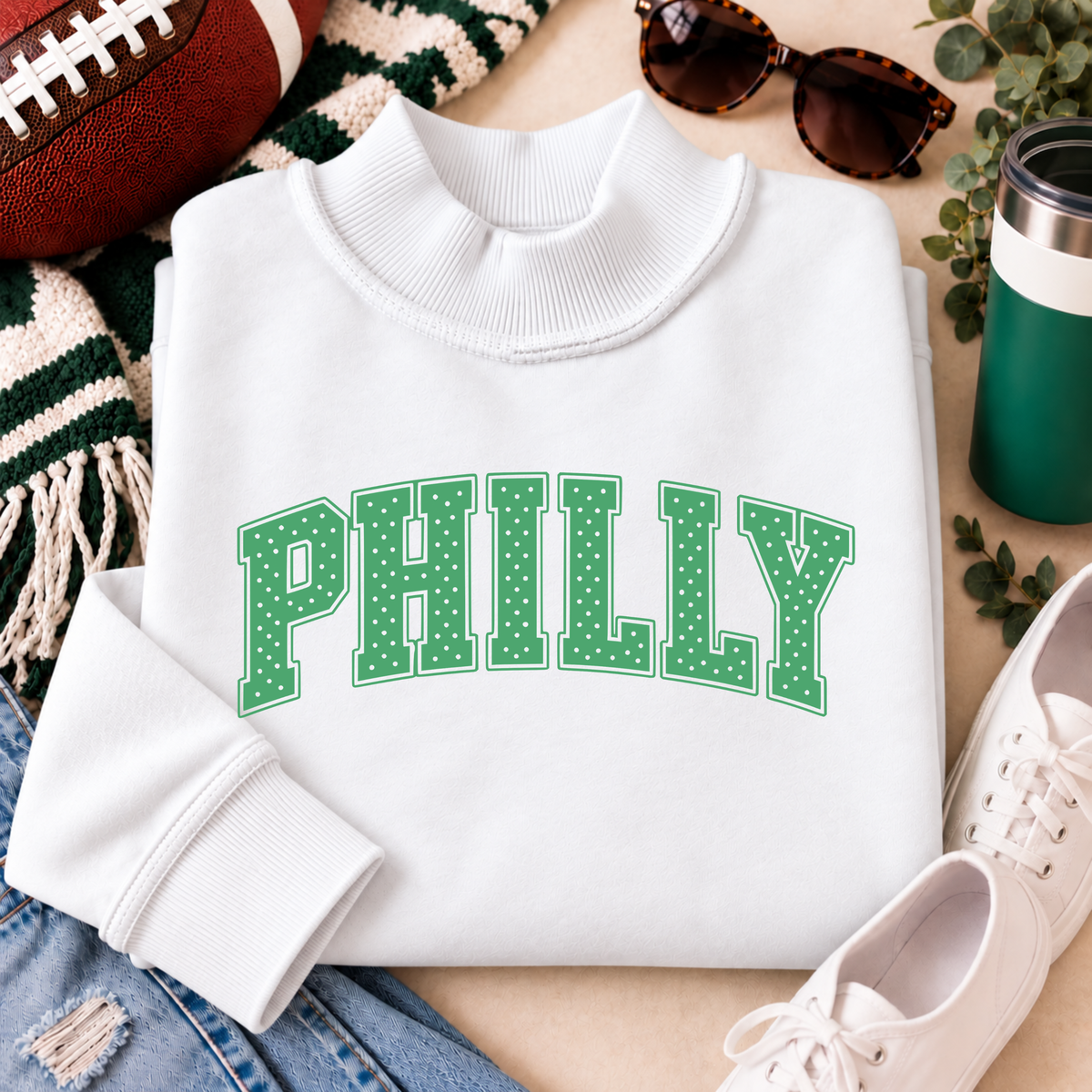 Women’s white Philly mock neck sweatshirt with green PHILLY polka dot design styled with football game day accessories