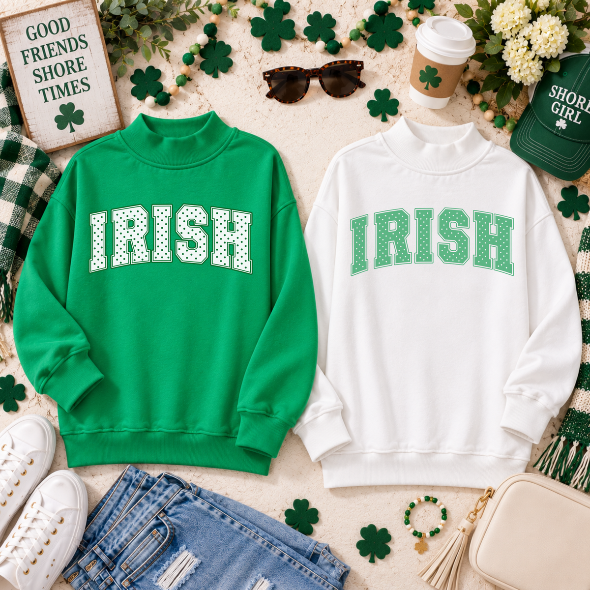 Kelly green and white women’s IRISH mock neck sweatshirts with polka dot designs