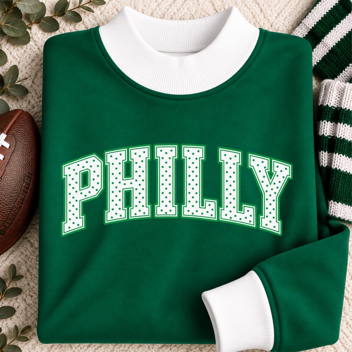 Women’s green Philly mock neck sweatshirt with white polka dot PHILLY lettering and contrast white trim