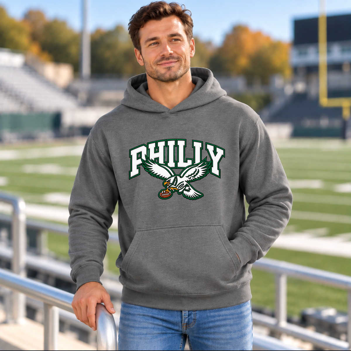 Man in jeans leaning on a stadium railing, wearing a heather gray Philly pullover hoodie with white and green varsity PHILLY lettering and an eagle carrying a football on the chest