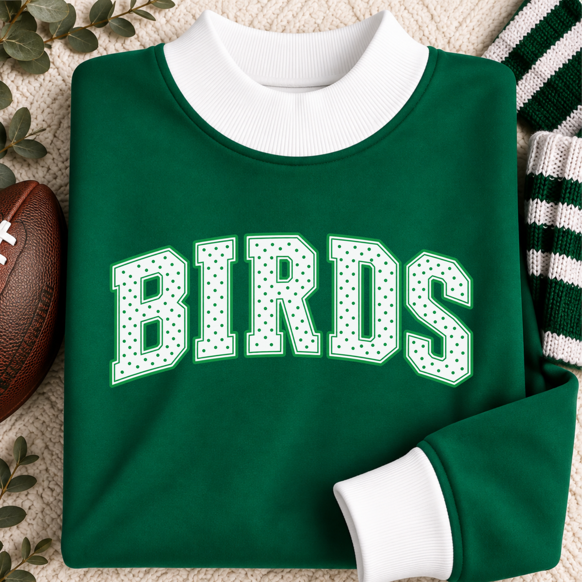 Women’s green Birds mock neck sweatshirt with white polka dot BIRDS lettering and contrast white trim