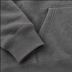 Close-up of a heather gray pullover hoodie showing the ribbed sleeve cuff, ribbed waistband and front kangaroo pocket stitching
