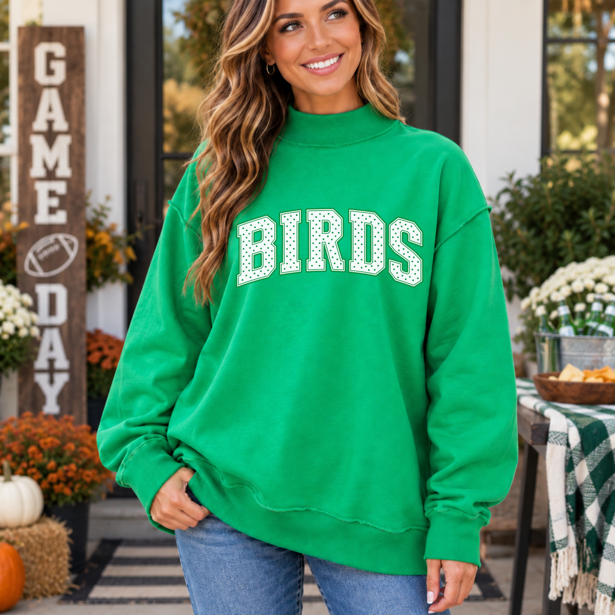 Women’s Kelly green Philly mock neck sweatshirt with white BIRDS polka dot lettering for football game day