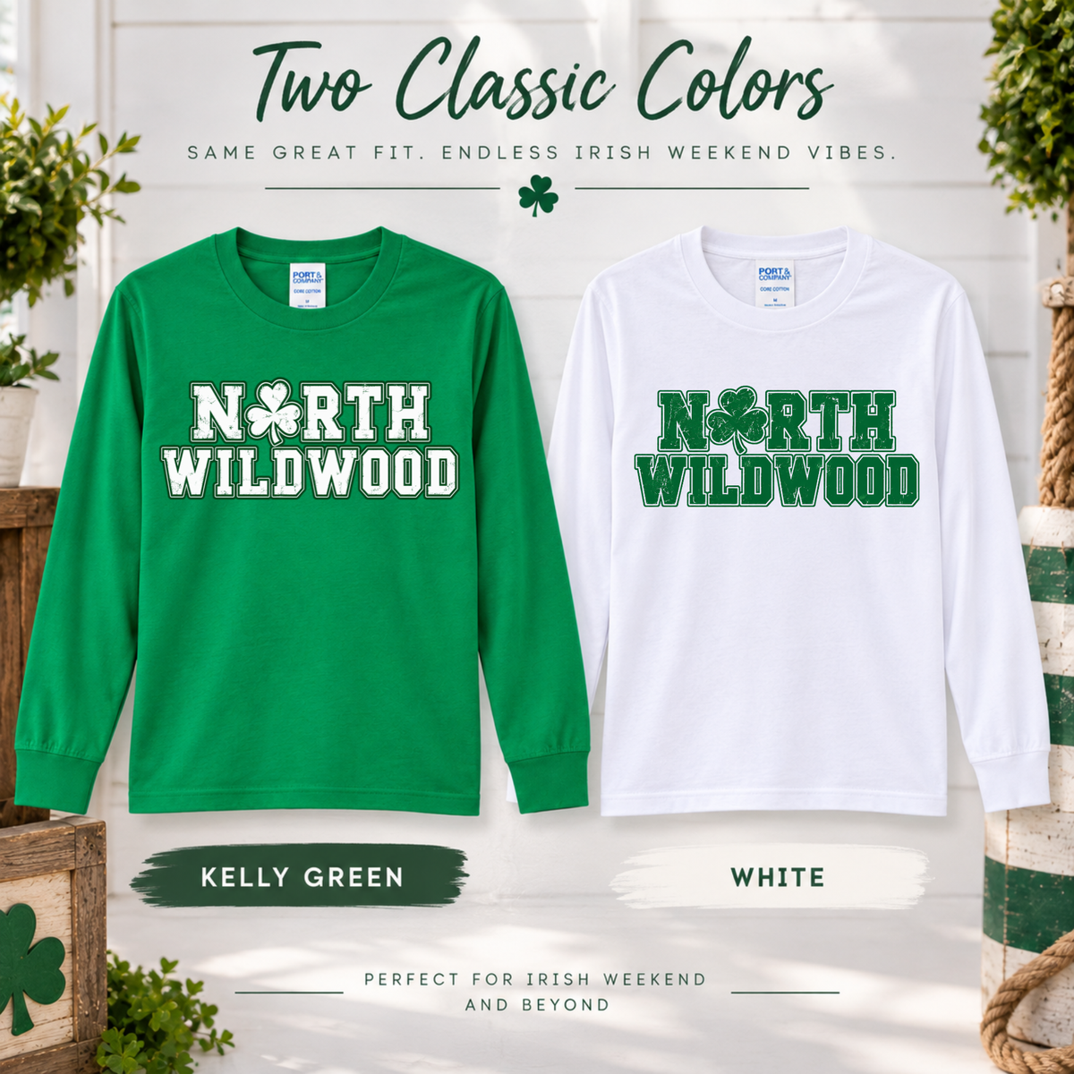 North Wildwood Irish Weekend long sleeve shirts in Kelly green and white with distressed North Wildwood graphic