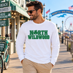 Men's white North Wildwood Irish Weekend long sleeve shirt on North Wildwood NJ boardwalk