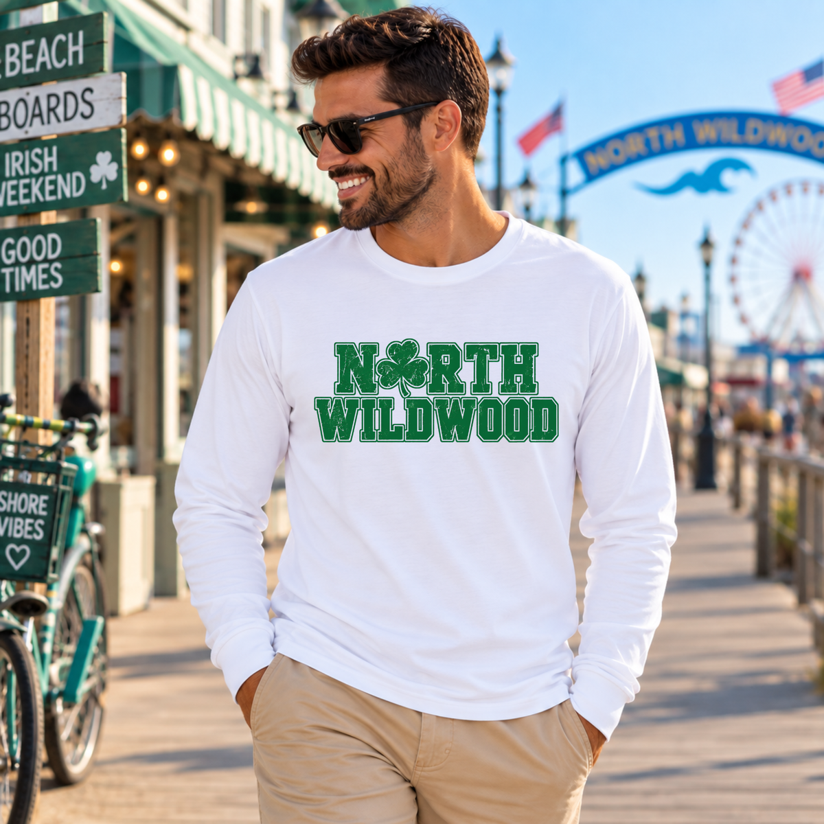 Men's white North Wildwood Irish Weekend long sleeve shirt on North Wildwood NJ boardwalk