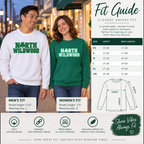 Fit guide showing both North Wildwood sweatshirt colors beside a garment measurement chart