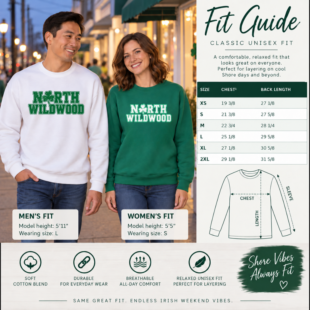 Fit guide showing both North Wildwood sweatshirt colors beside a garment measurement chart