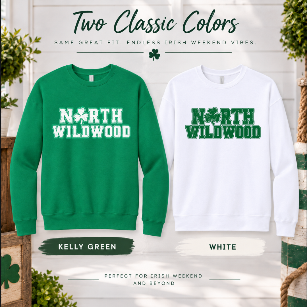 Kelly Green and white NORTH WILDWOOD shamrock sweatshirts displayed side by side with color labels