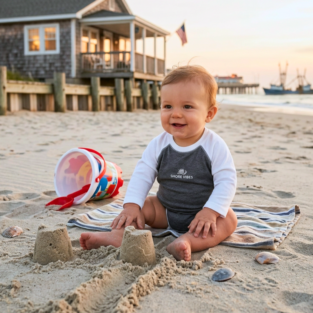 Shore Vibes Baby Raglan Onesie – Heather Gray & White