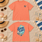 Melon Shore Vibes t-shirt flat lay showing the front logo and full back graphic on a beach themed background