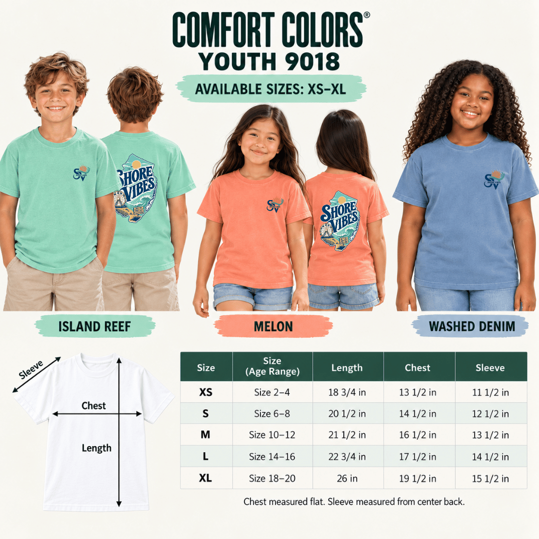 Comfort Colors Youth 9018 size chart showing White, Island Reef, Melon, and Washed Denim colors with measurements for sizes XS to XL