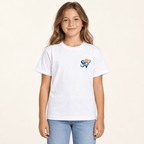 Girl wearing a white Shore Vibes t-shirt with the front logo, studio photo