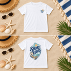 White Shore Vibes t-shirt flat lay showing the front logo and full back graphic on a beach themed background