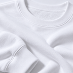 Close-up of the white sweatshirt fabric, ribbed crew neckline and cuff