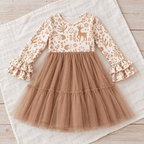 Long sleeve woodland deer dress laid flat, showing the off-white printed top and tiered tan tulle skirt