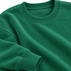 A close-up of a kelly green crewneck sweatshirt showing the ribbed collar and sleeve cuff, with the fabric texture clearly visible.