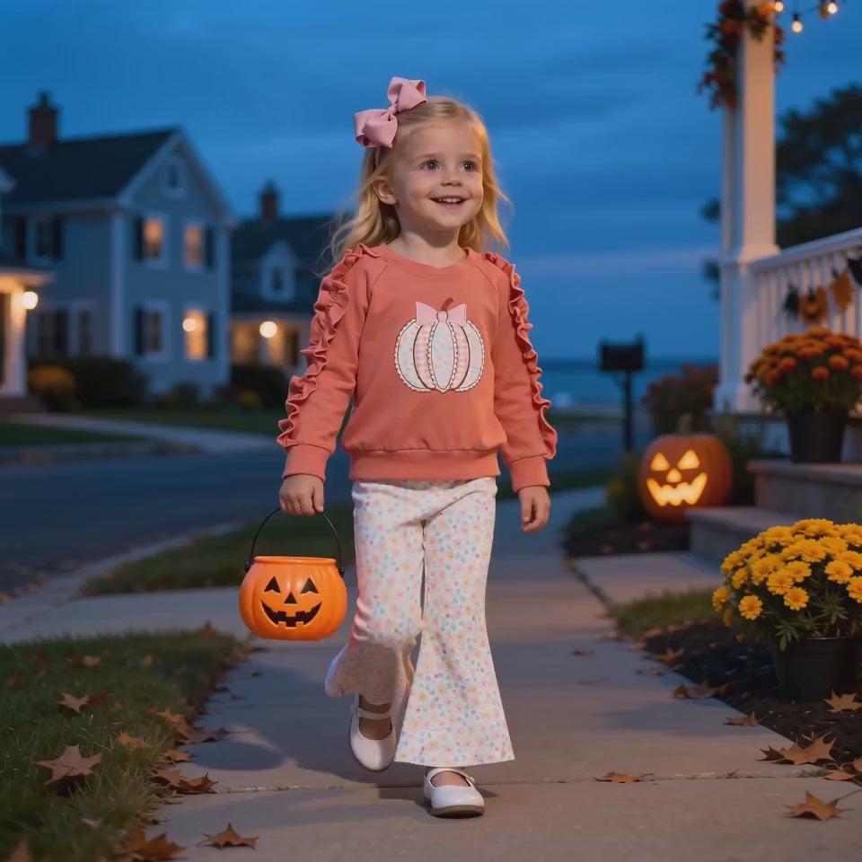 Marie Nicole Girls Fall Pumpkin Outfit – Embroidered Appliqué Ruffle Top & Floral Bell Bottom Set