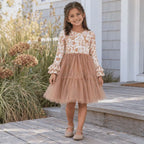 Girls’ Woodland Deer Tulle Dress – Long Sleeve Ruffle Thanksgiving Outfit