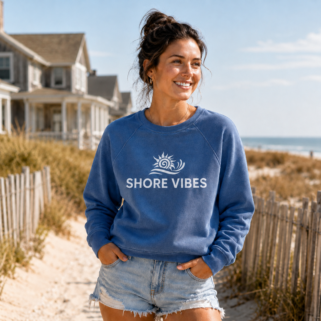 Shore Vibes Sun & Wave Logo Crewneck Sweatshirt – Heather Blue